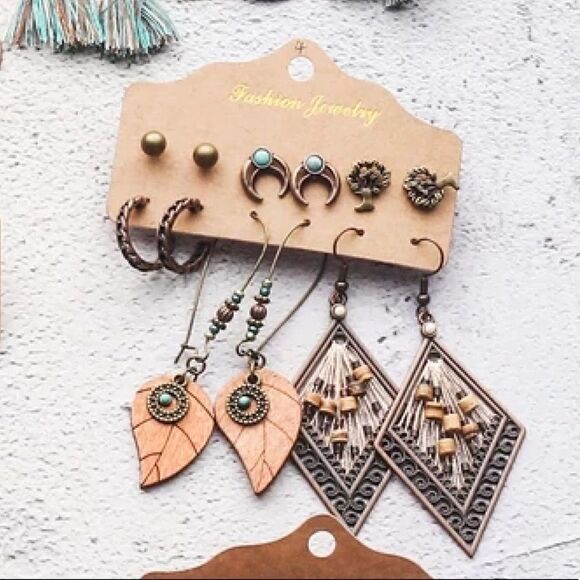 Boho Earring Set Bronze Thread Wood Leaf Neutral - Picture 2 of 2